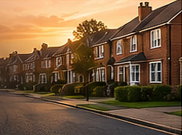 A UK residential street at sunset