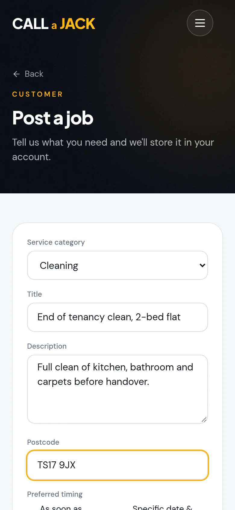 The CALL A JACK Post a job screen with service category, title, description and postcode fields