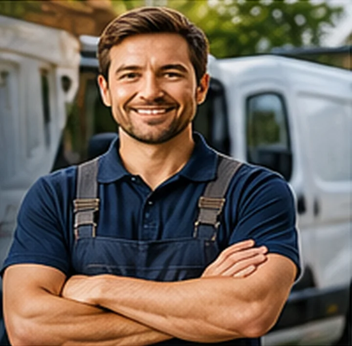 A smiling local professional standing beside his van
